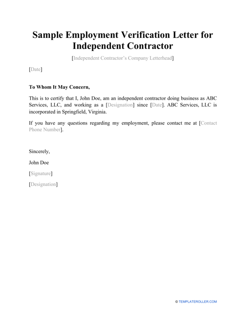 Sample Employment Verification Letter for Independent Contractor