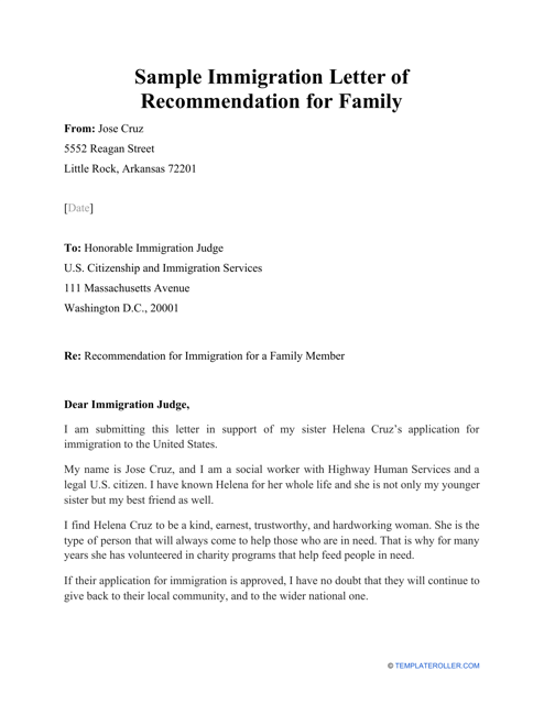 Sample Immigration Letter of Recommendation for Family