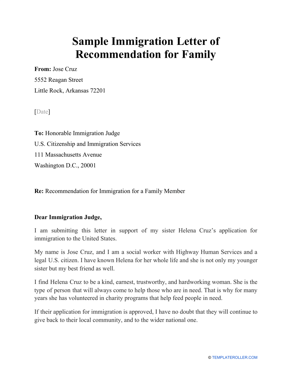 Sample Immigration Letter of Recommendation for Family Download