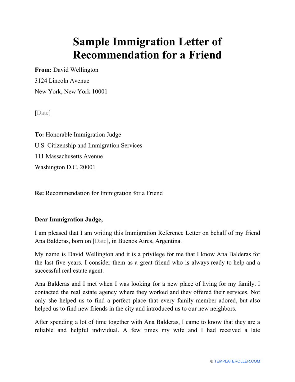 Sample Immigration Letter Of Recommendation For A Friend Download 