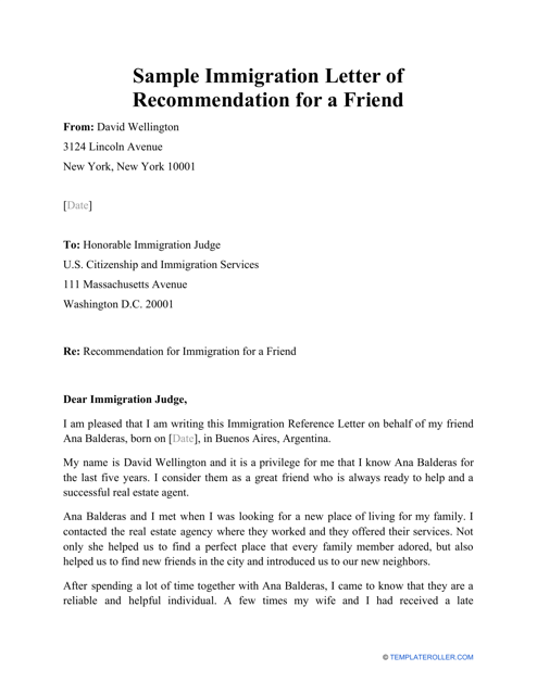 Sample &quot;Immigration Letter of Recommendation for a Friend&quot; Download Pdf