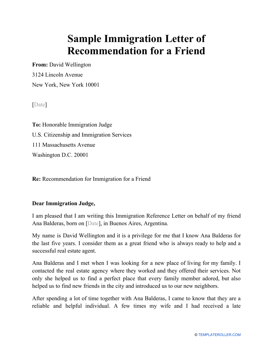 Sample Immigration Letter of Recommendation for a Friend Download