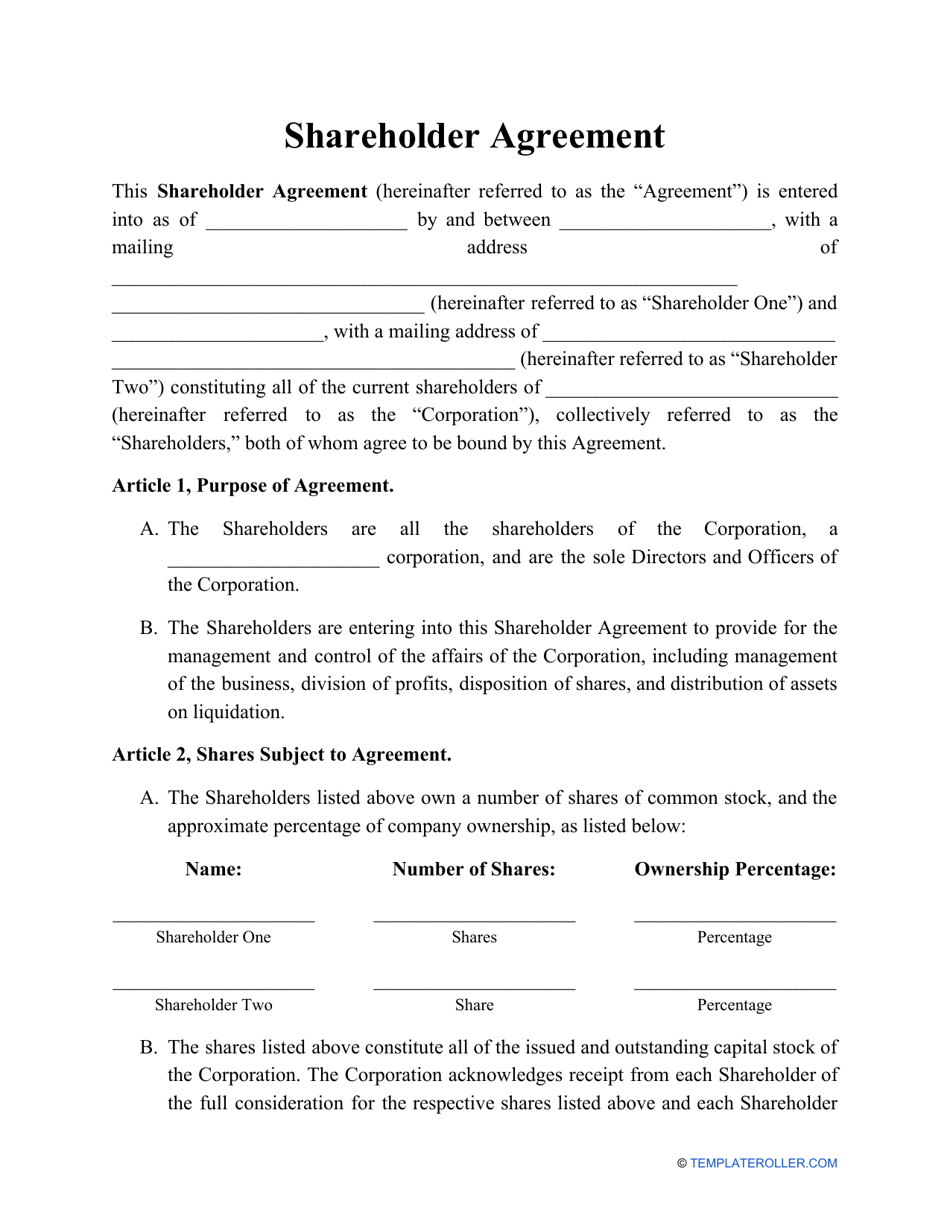 Shareholder Agreement Template Download Printable PDF  Templateroller With Regard To termination of shareholders agreement template