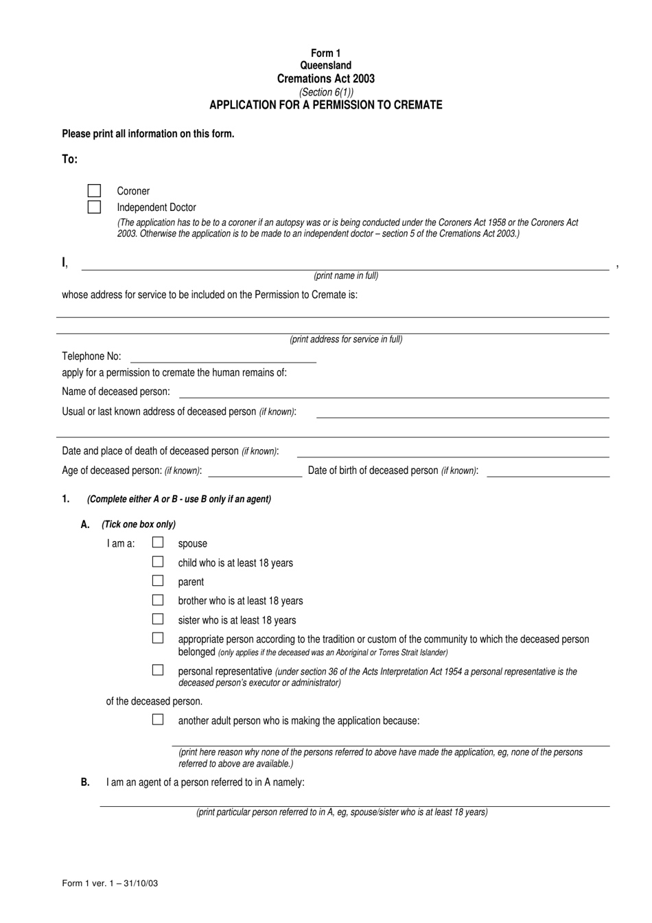 Form 1 Application for a Permission to Cremate - Queensland, Australia, Page 1