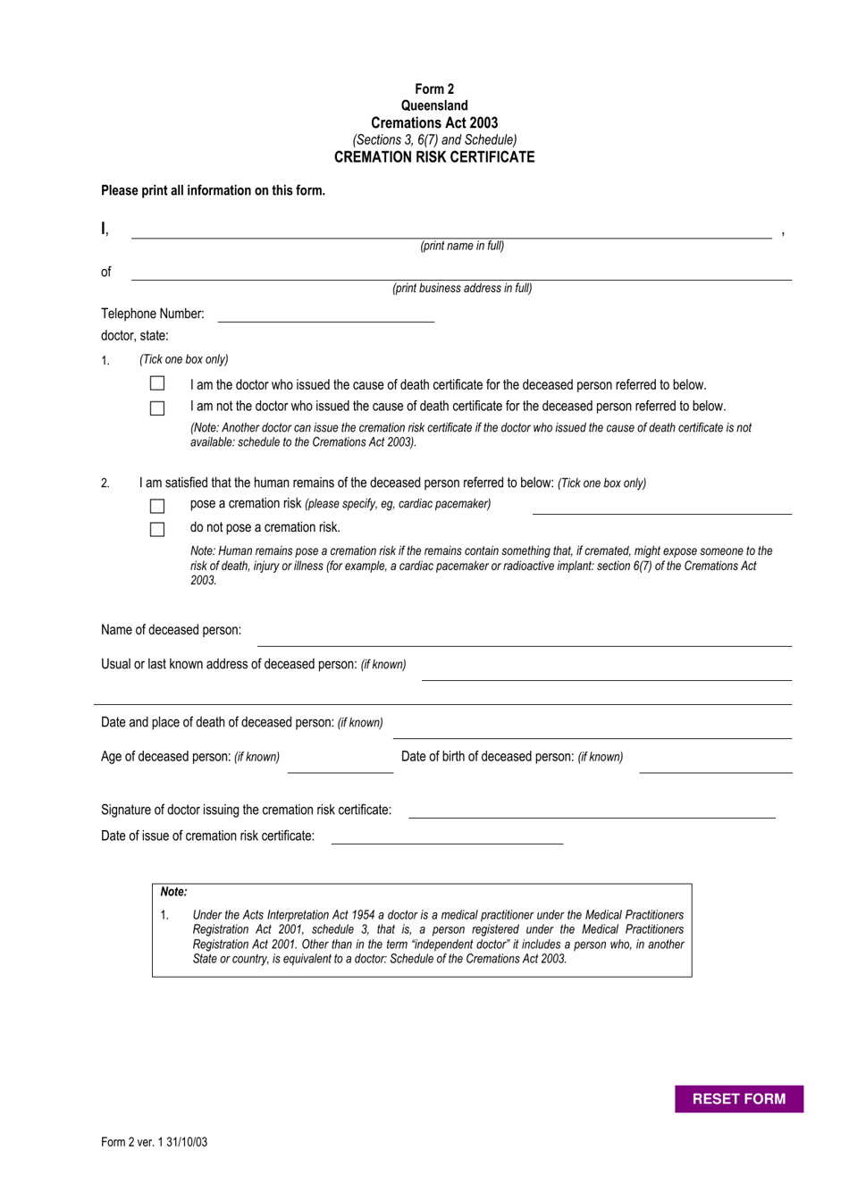 Form 2 Cremation Risk Certificate - Queensland, Australia, Page 1