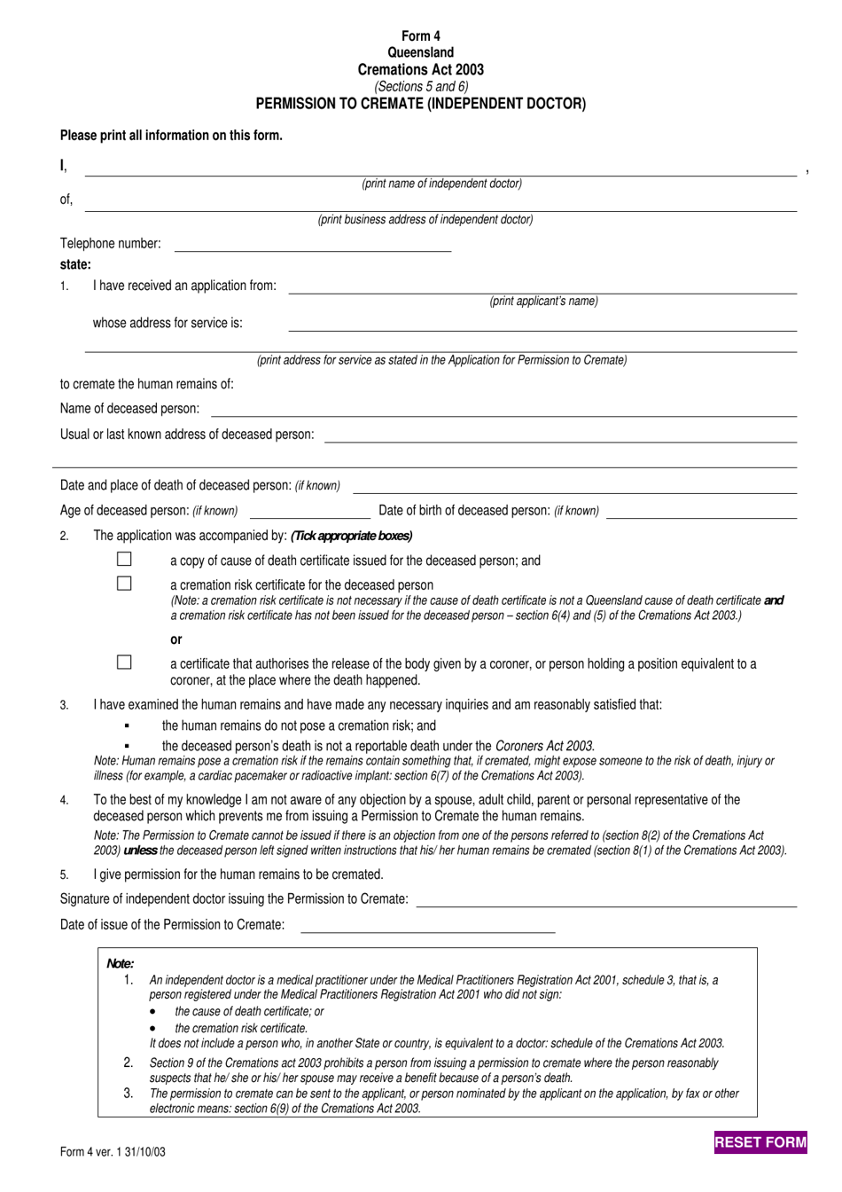 Form 4 Permission to Cremate (Independent Doctor) - Queensland, Australia, Page 1