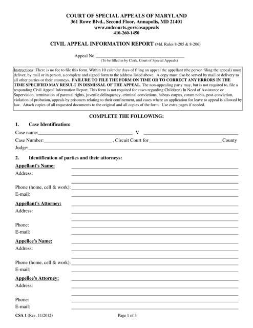 Form CSA1 Civil Appeal Information Report - Maryland