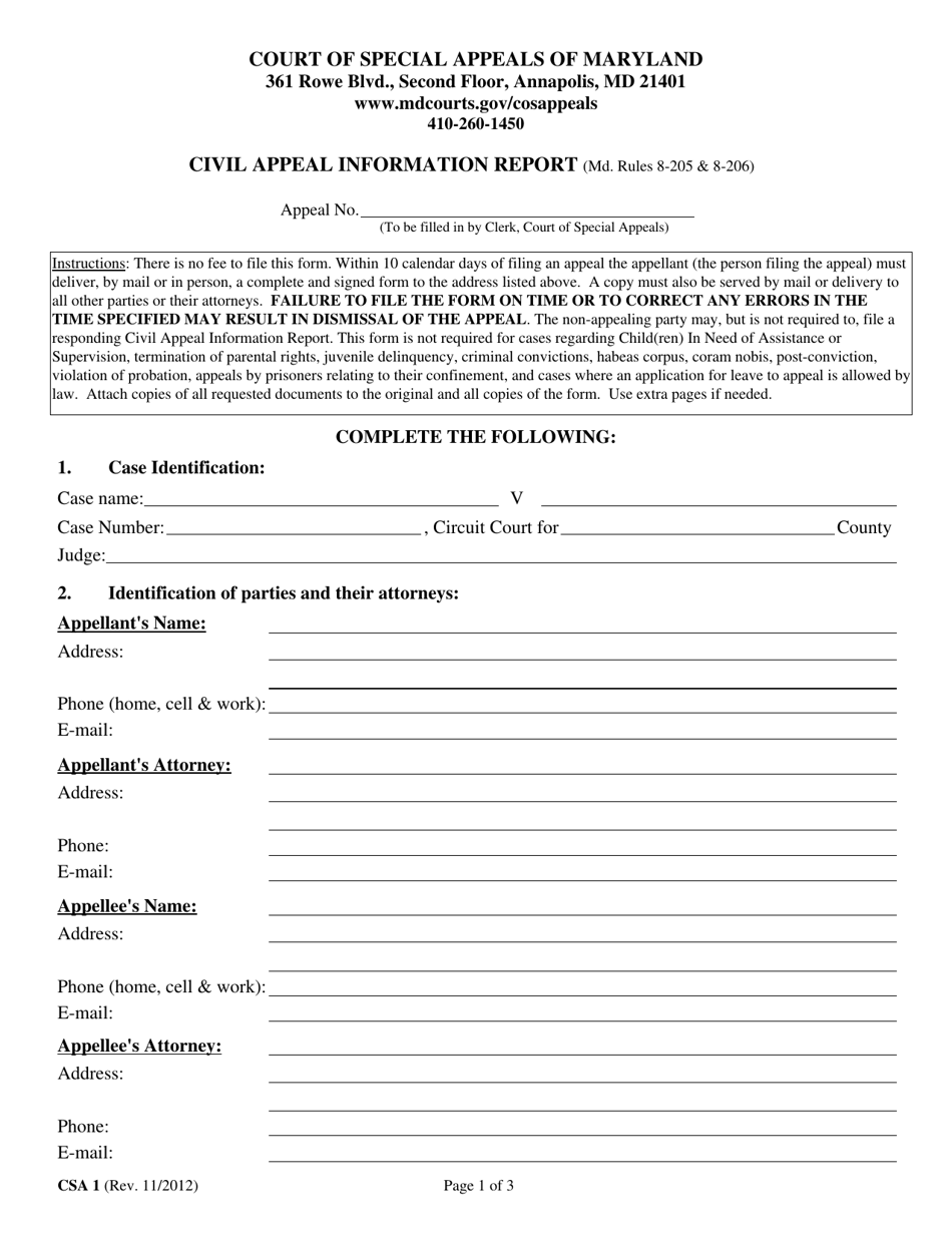 Form CSA1 Civil Appeal Information Report - Maryland, Page 1