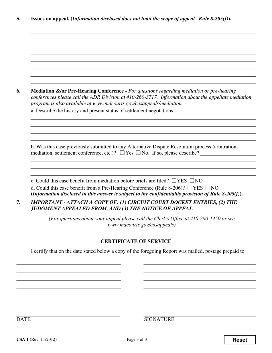 Form CSA1 Civil Appeal Information Report - Maryland, Page 3