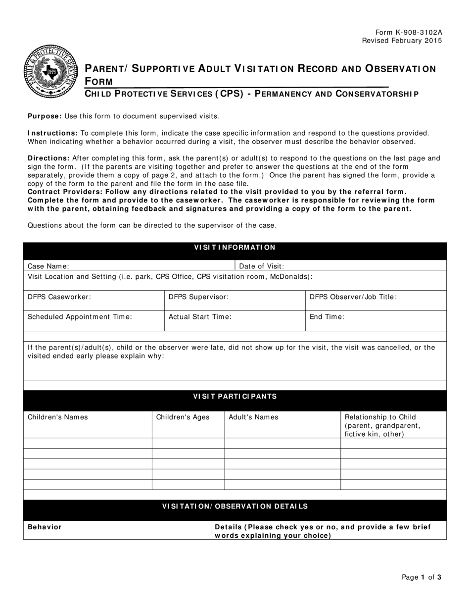 Form K-908-3102A Parent / Supportive Adult Visitation Record and Observation Form - Texas, Page 1