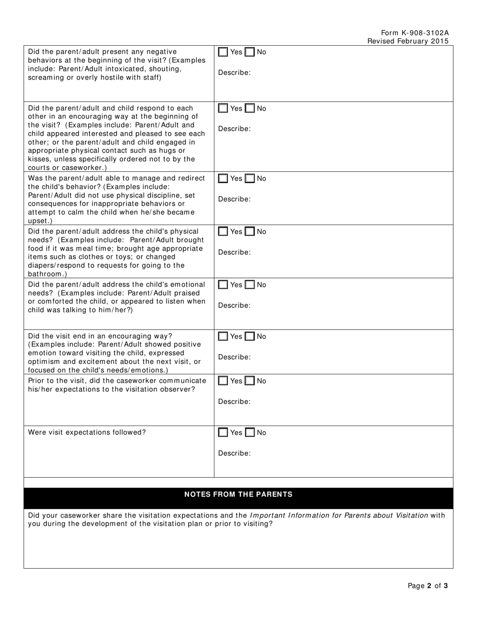 Form K-908-3102A Parent / Supportive Adult Visitation Record and Observation Form - Texas, Page 2