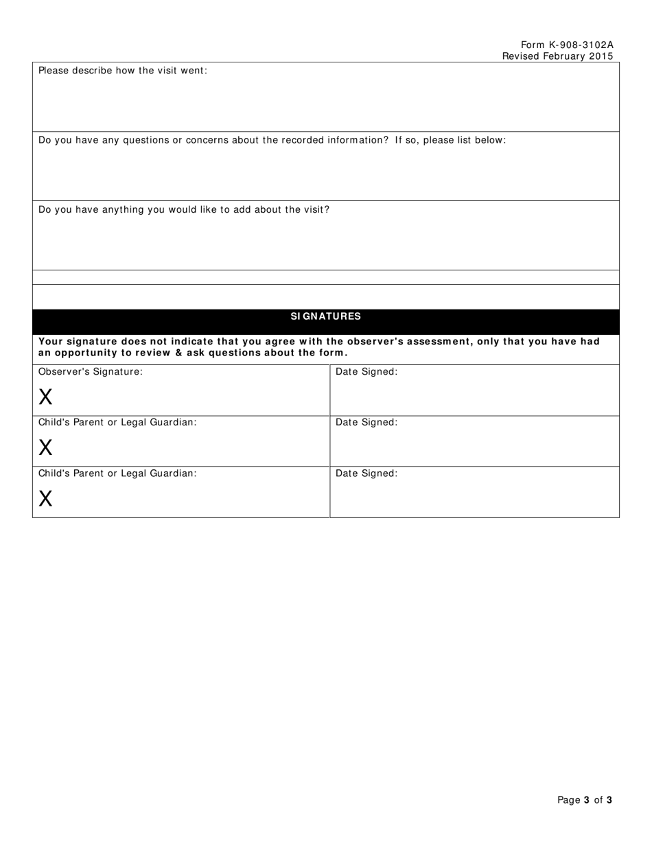 Form K-908-3102A Parent / Supportive Adult Visitation Record and Observation Form - Texas, Page 3