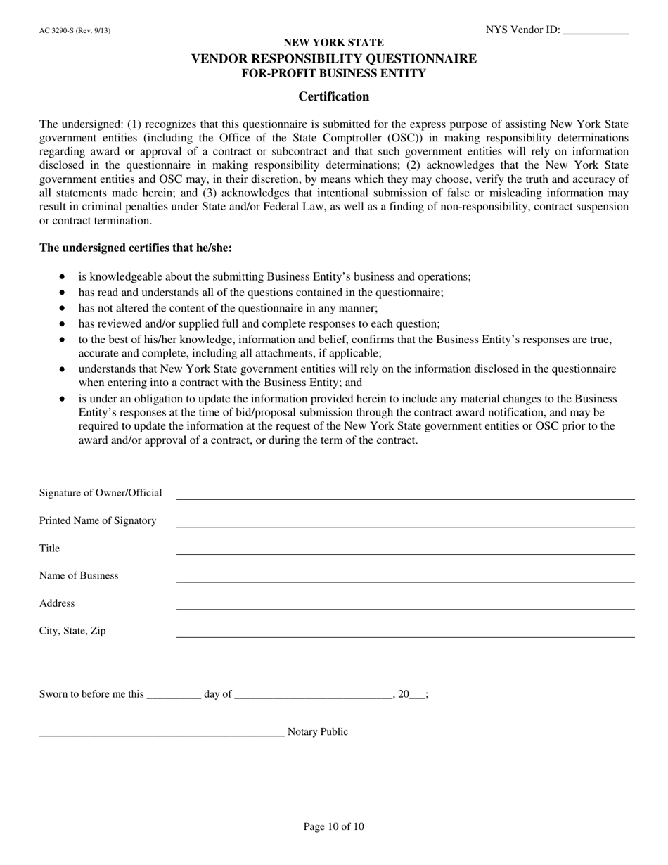 Form AC3290-S Vendor Responsibility Questionnaire for-Profit Business Entity - New York, Page 10
