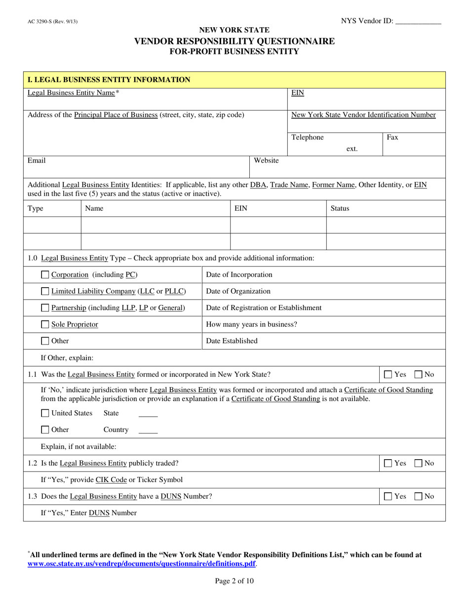 Form AC3290-S Vendor Responsibility Questionnaire for-Profit Business Entity - New York, Page 2