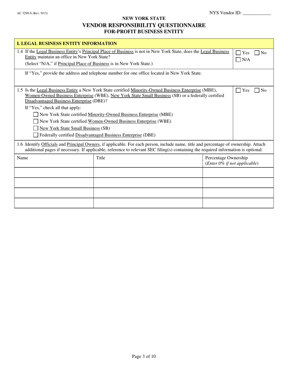 Form AC3290-S Vendor Responsibility Questionnaire for-Profit Business Entity - New York, Page 3