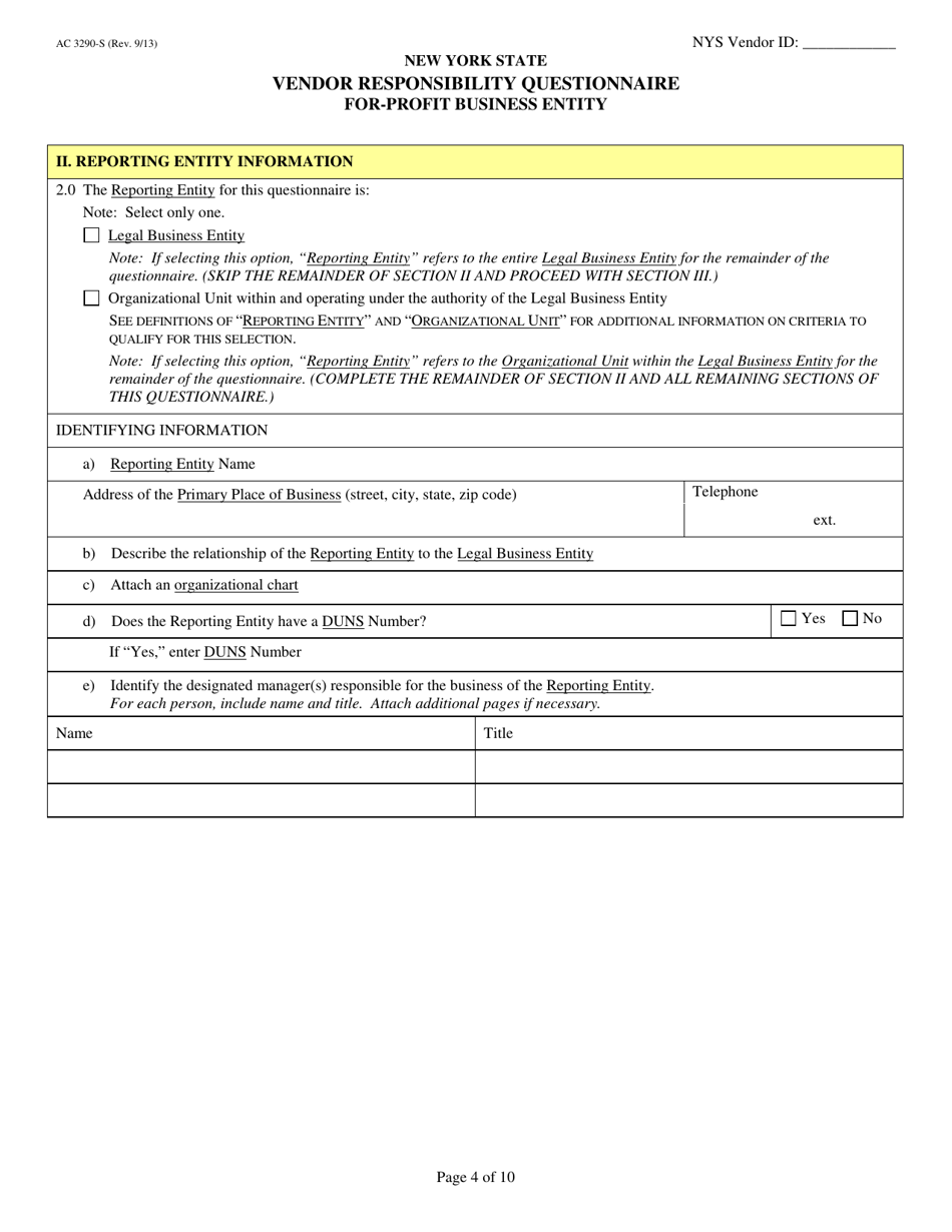 Form AC3290-S Vendor Responsibility Questionnaire for-Profit Business Entity - New York, Page 4