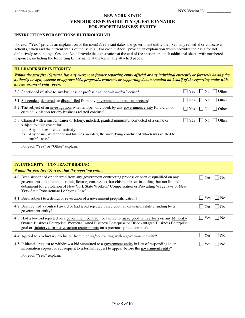 Form AC3290-S Vendor Responsibility Questionnaire for-Profit Business Entity - New York, Page 5