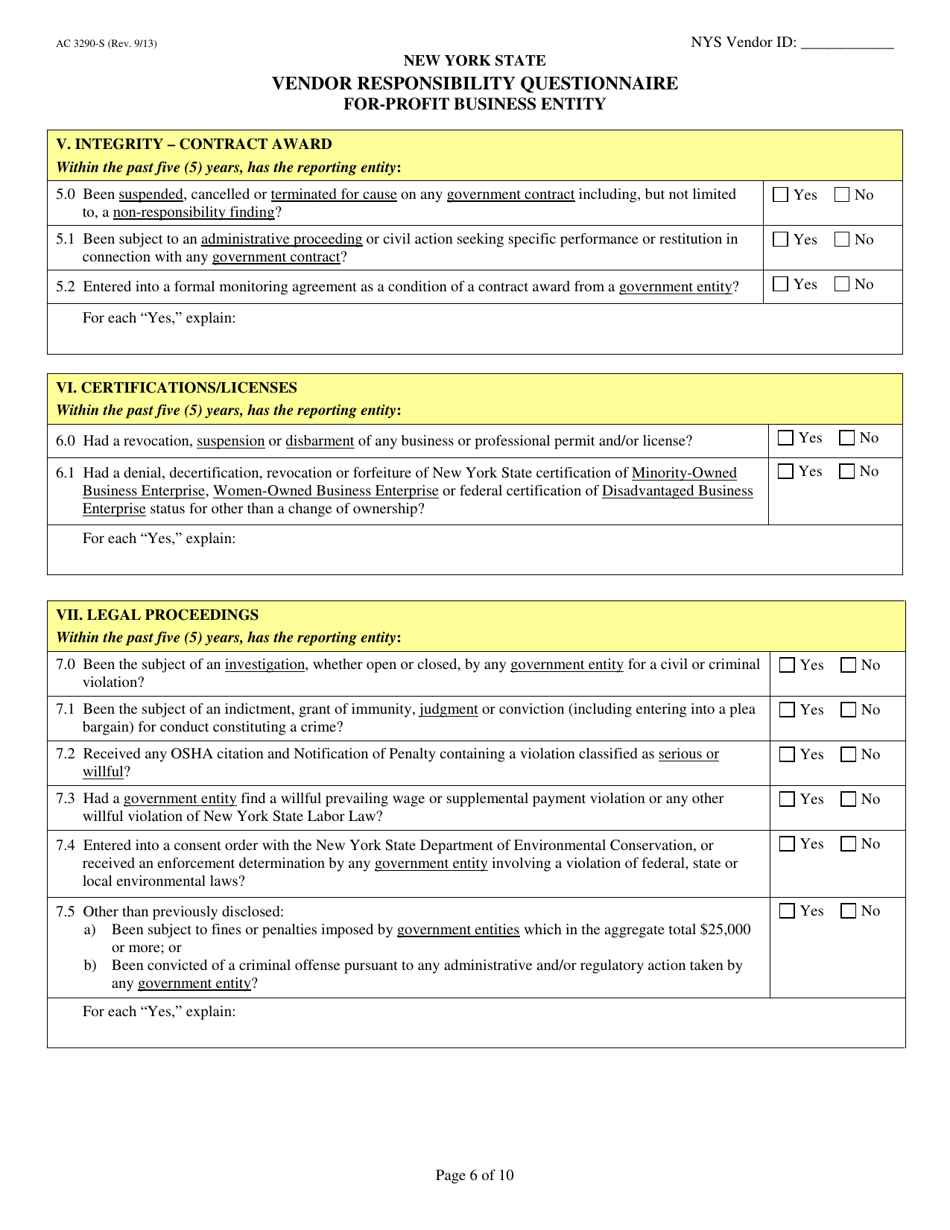 Form AC3290-S Vendor Responsibility Questionnaire for-Profit Business Entity - New York, Page 6