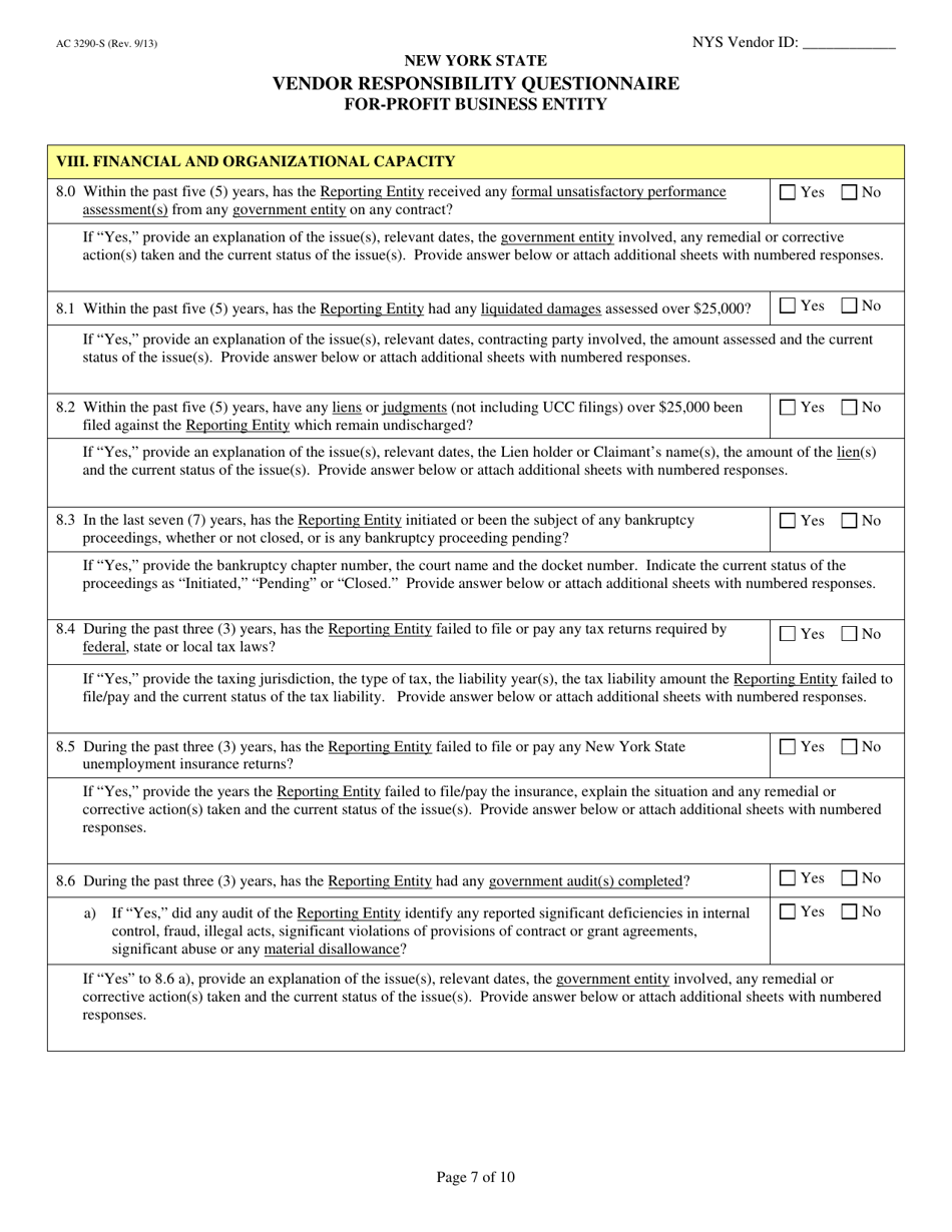 Form AC3290-S Vendor Responsibility Questionnaire for-Profit Business Entity - New York, Page 7