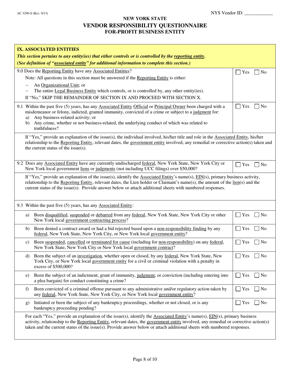 Form AC3290-S Vendor Responsibility Questionnaire for-Profit Business Entity - New York, Page 8