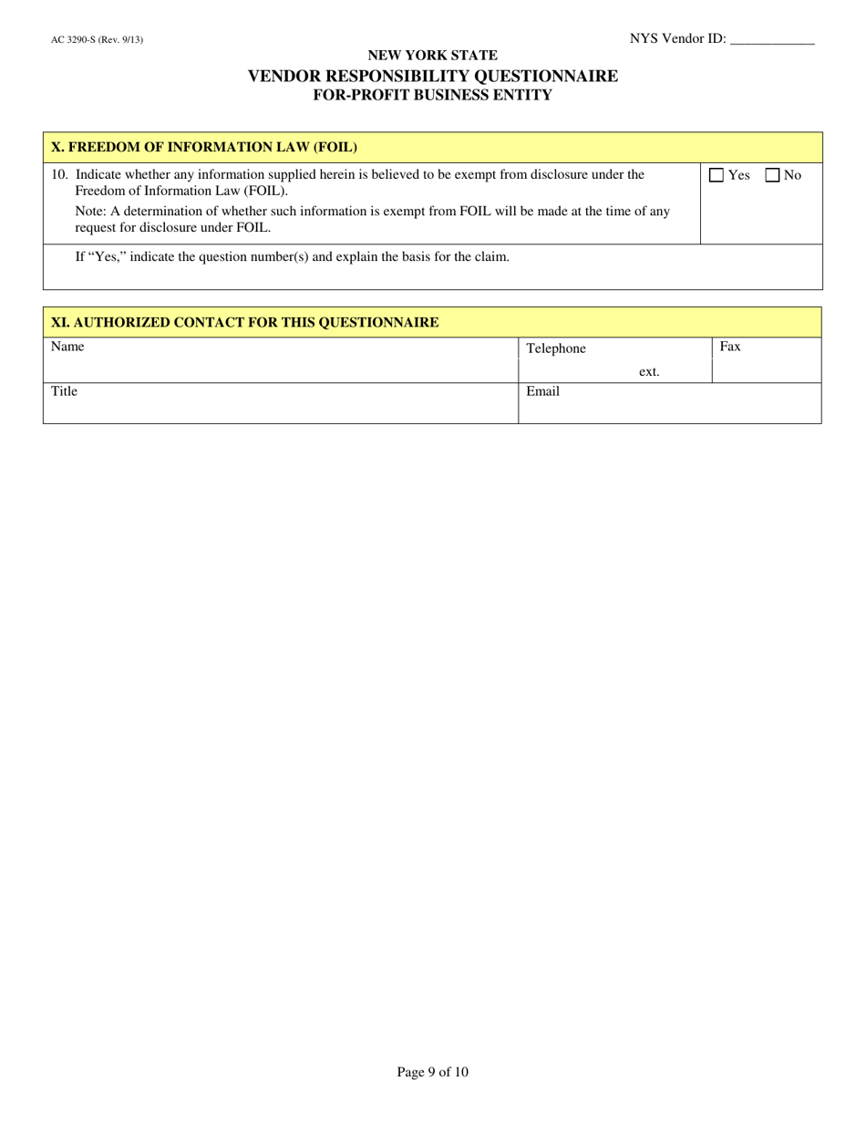 Form AC3290-S Vendor Responsibility Questionnaire for-Profit Business Entity - New York, Page 9