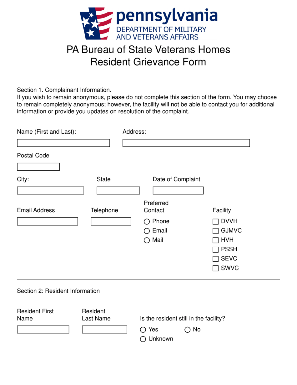Resident Grievance Form - Pennsylvania, Page 1