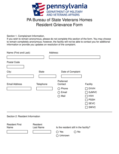 Resident Grievance Form - Pennsylvania