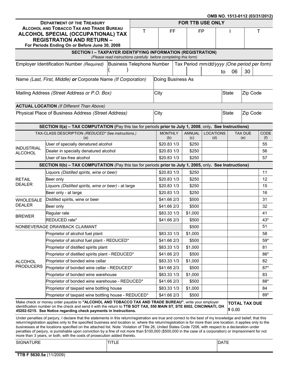 TTB Form 5630.5A Alcohol Special (Occupational) Tax Registration and Return for Periods Ending on or Before June 30, 2008, Page 1