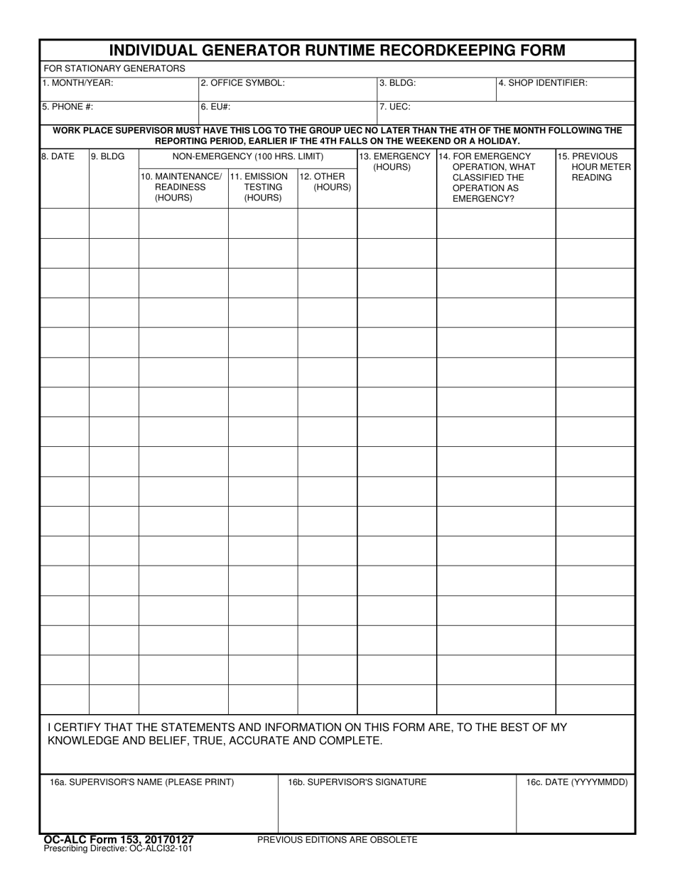 OC-ALC Form 153 Individual Generator Runtime Recordkeeping Form, Page 1