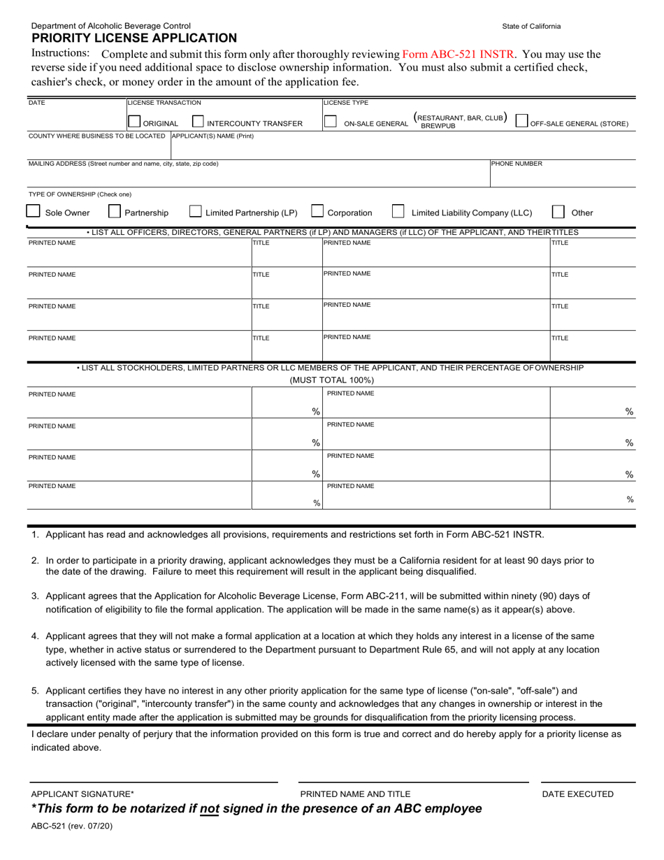 Form ABC-521 Priority License Application - California, Page 1