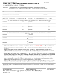 Document preview: Form ABC-522 License Application for Neighborhood Restricted Special on-Sale General License (Type 87) - California