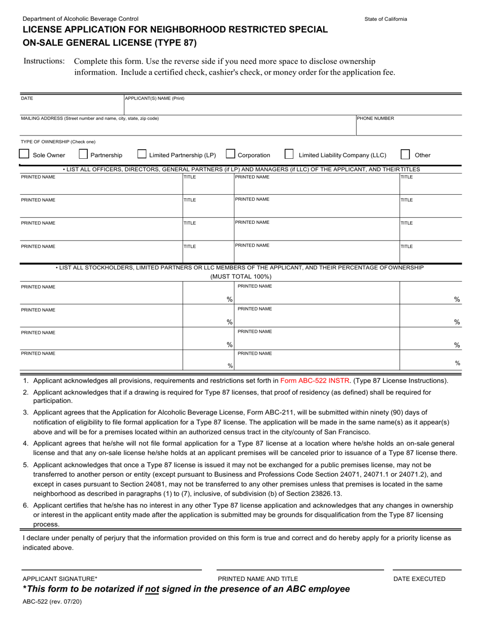 Form ABC-522 License Application for Neighborhood Restricted Special on-Sale General License (Type 87) - California, Page 1