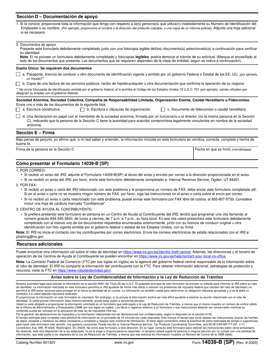 IRS Formulario 14039-B (SP) Declaracion Jurada Sobre El Robo De Identidad De Un Negocio (Spanish), Page 2