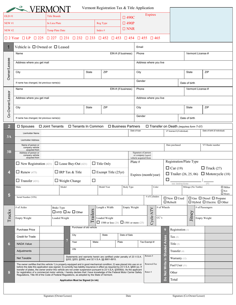 Form VD-119 Vermont Registration Tax  Title Application - Vermont, Page 1