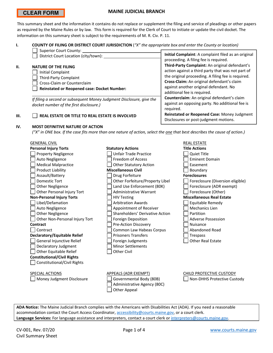 Form CV-001 Download Fillable PDF or Fill Online Civil Summary Sheet ...