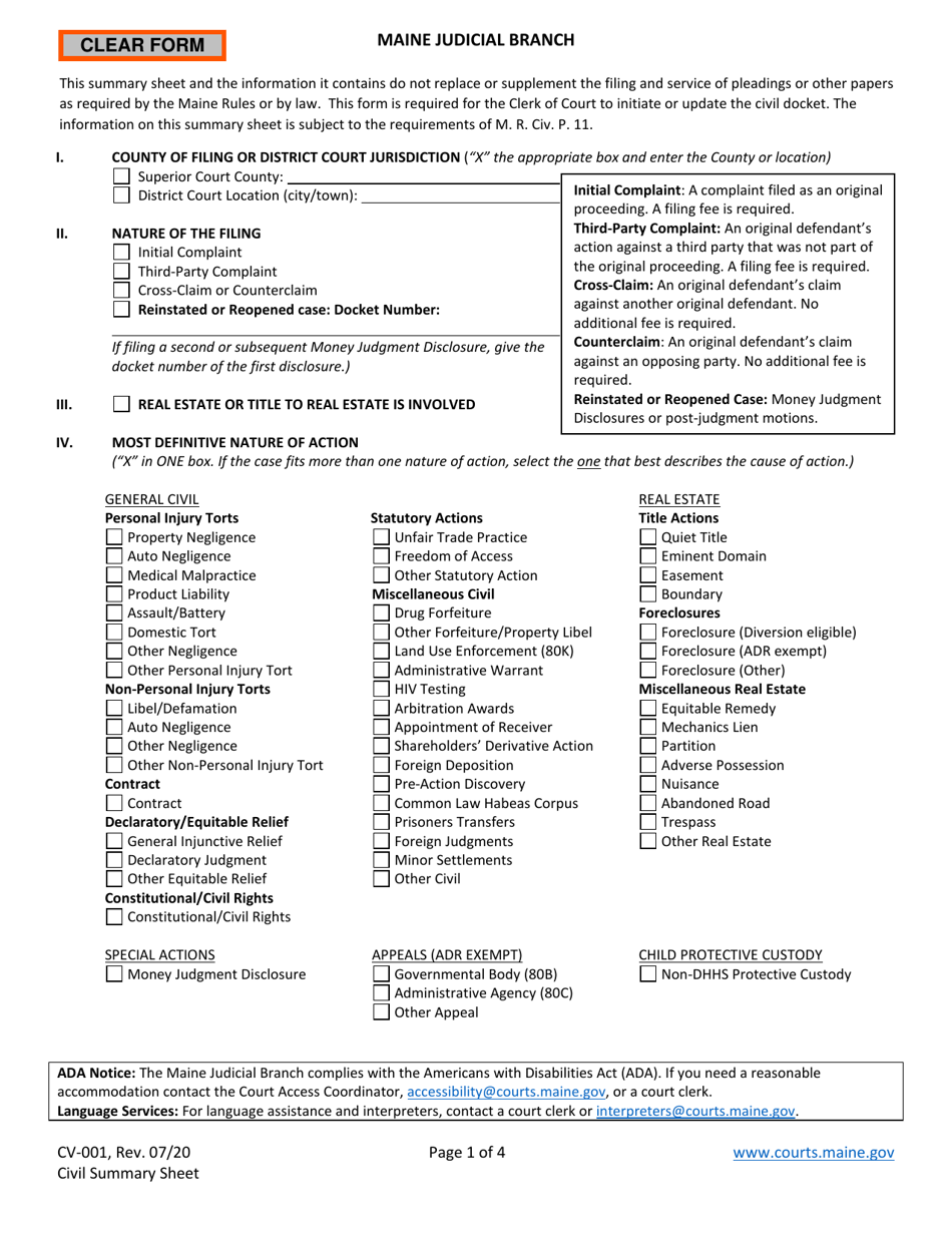 Form CV-001 Civil Summary Sheet - Maine, Page 1