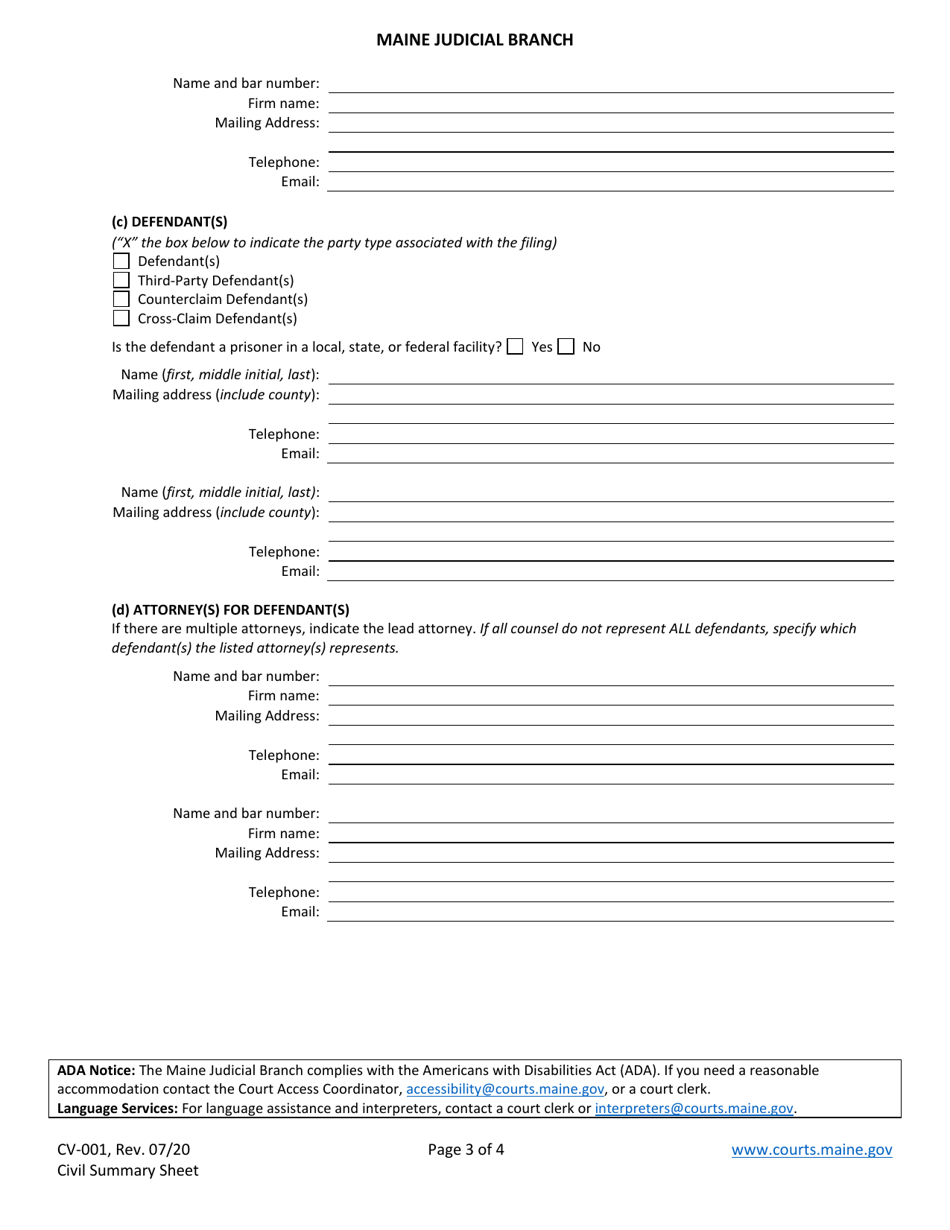 Form CV-001 Civil Summary Sheet - Maine, Page 3
