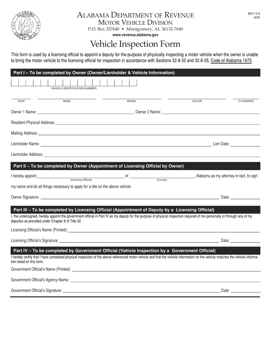 Form MVT5-9 Vehicle Inspection Form - Alabama, Page 1