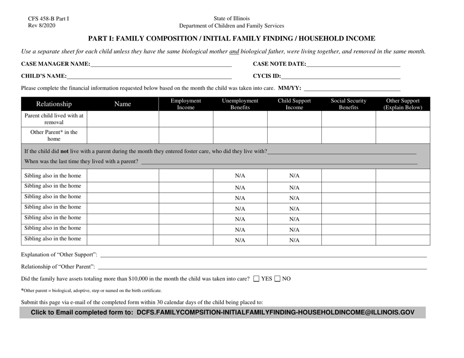 Form CFS458-B Part I Family Composition / Initial Family Finding / Household Income - Illinois, Page 1