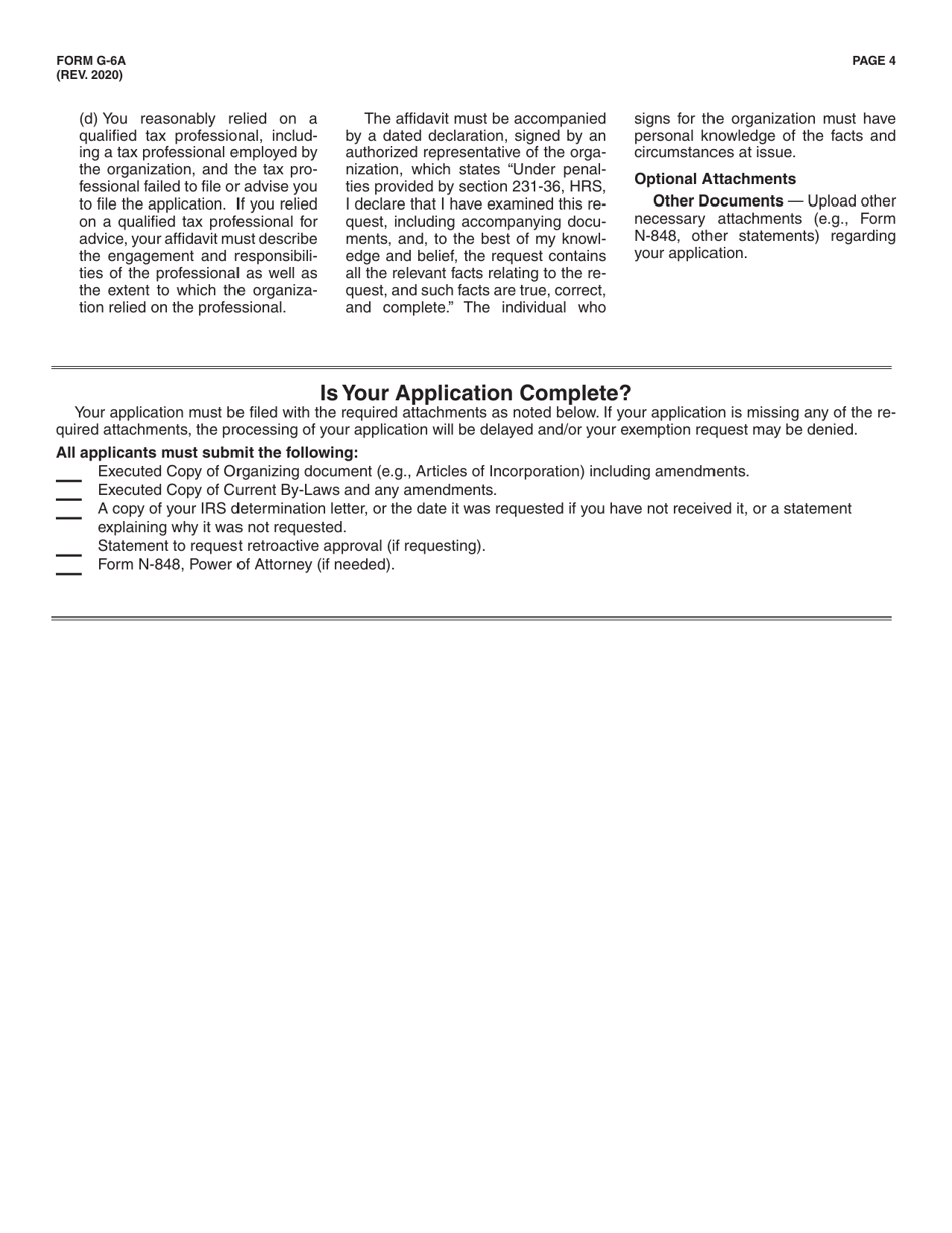Instructions for Form G-6 Information Required to File for an Exemption From General Excise Taxes - Hawaii, Page 4