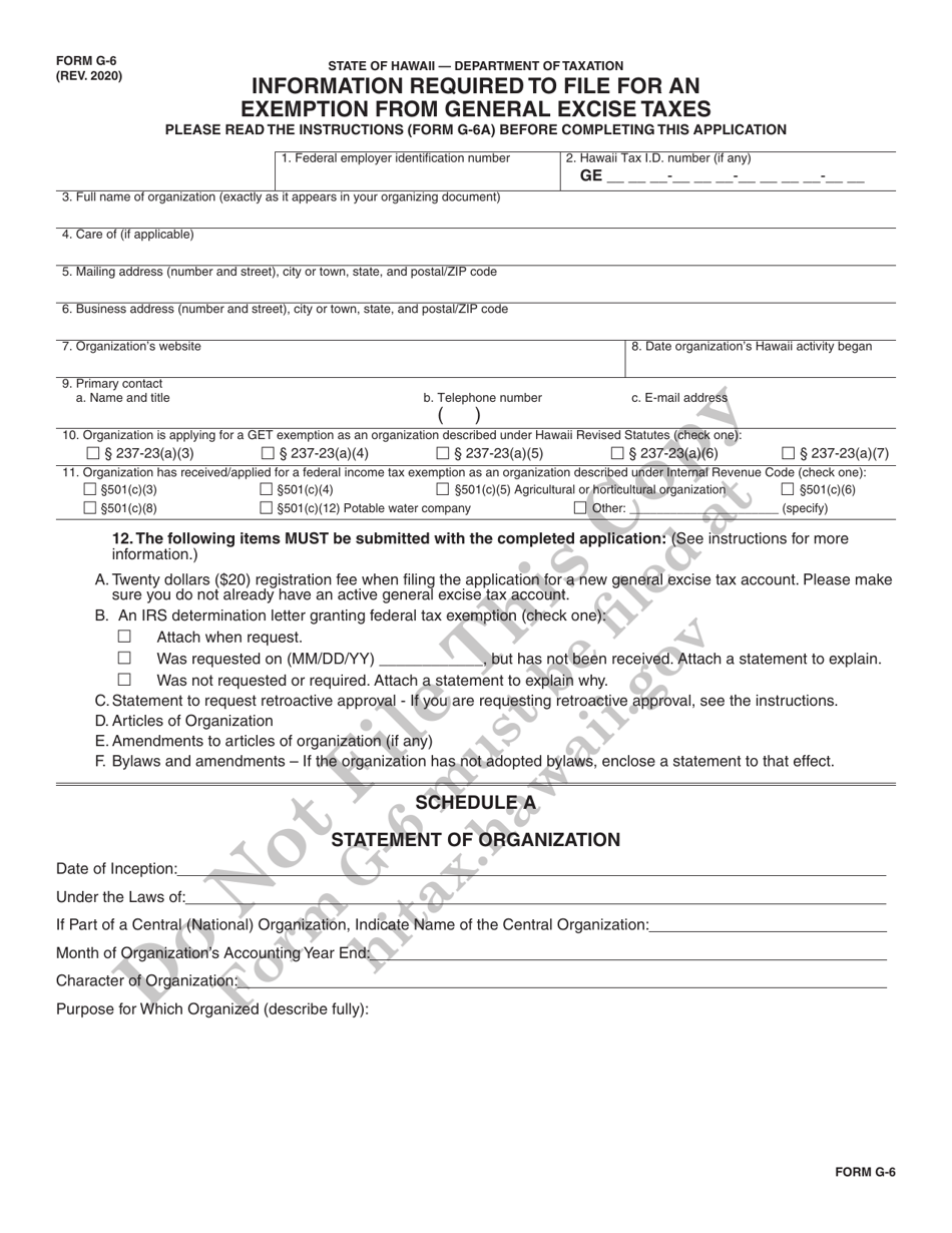 Form G-6 Information Required to File for an Exemption From General Excise Taxes - Hawaii, Page 1