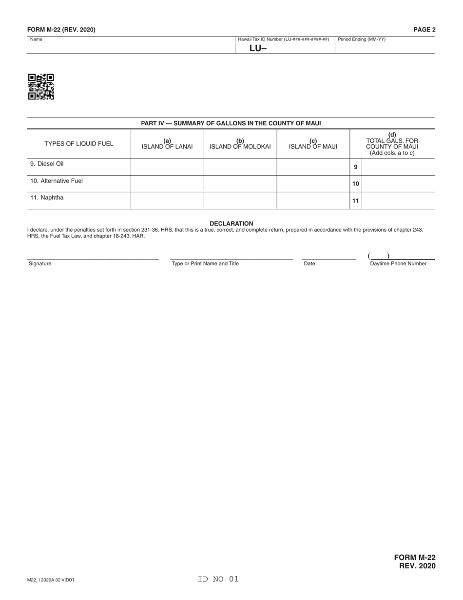 Form M-22 Quarterly Tax Return for Additional Fuel Taxes Due - Hawaii, Page 2