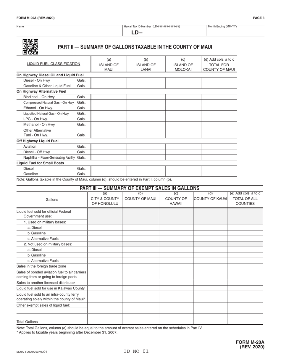 Form M-20A Monthly Return of Liquid Fuel Tax (State and County) and Environmental Response, Energy, and Food Security Tax - Hawaii, Page 3