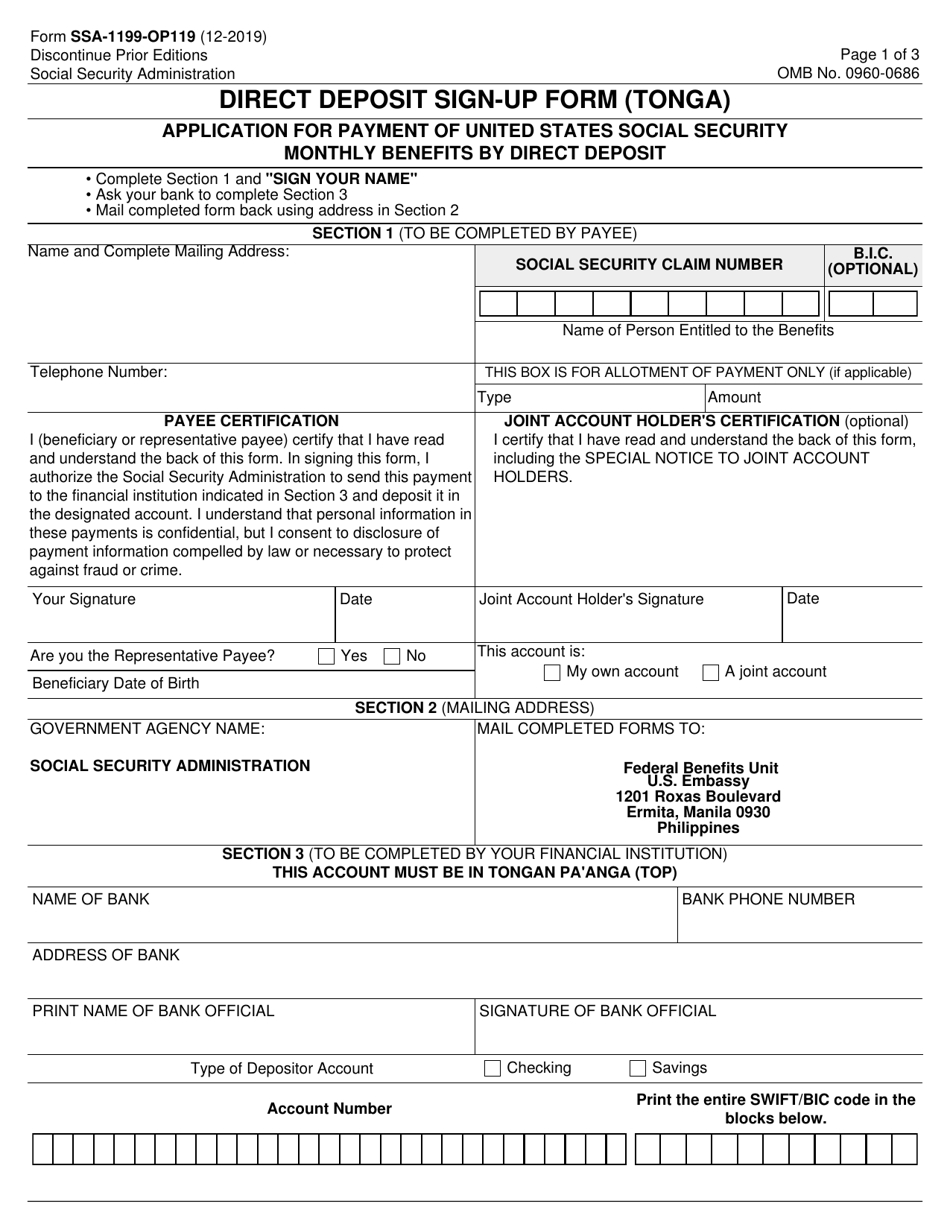 Form SSA-1199-OP119 Direct Deposit Sign-Up Form (Tonga), Page 1