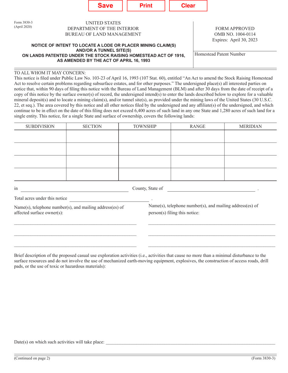 Form 3830-3 Download Fillable PDF or Fill Online Notice of Intent to ...