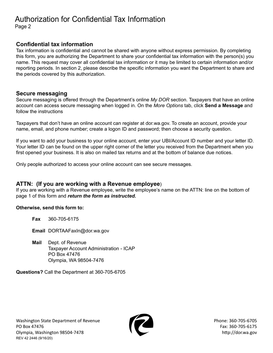Form REV42 2446 Confidential Tax Information Authorization - Washington, Page 2