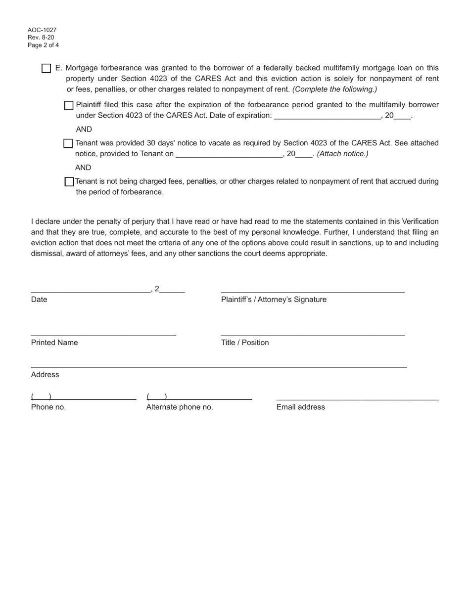Form AOC-1027 Verification of Compliance With Cares Act - Kentucky, Page 2