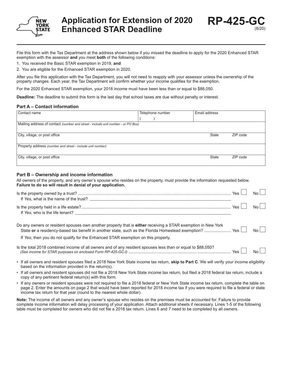 Form RP-425-GC Application for Extension of Enhanced Star Deadline - New York, Page 1