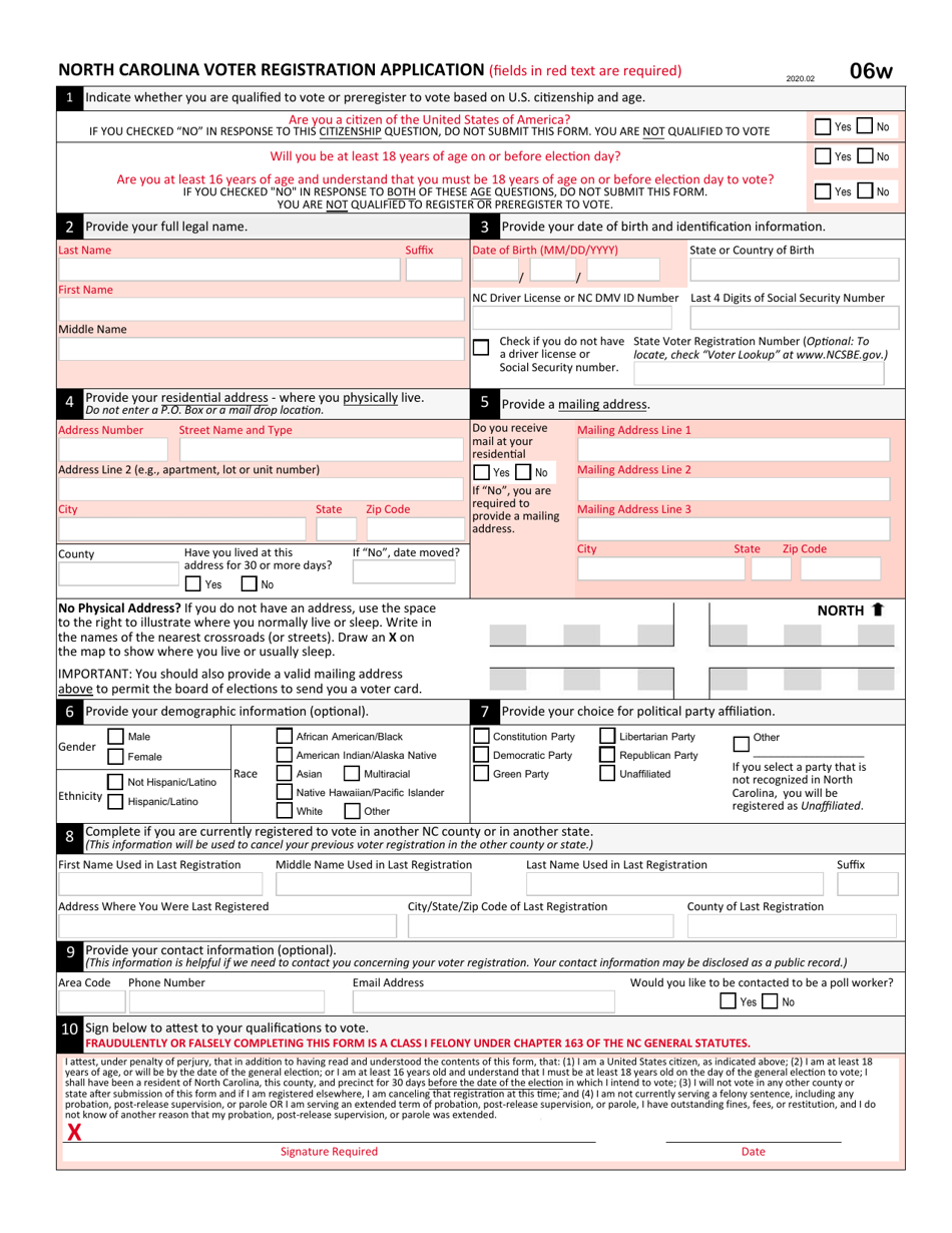 Form 06W North Carolina Voter Registration Application - North Carolina, Page 1