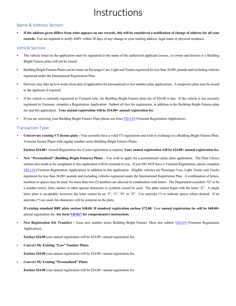 Form VD-102 Building Bright Futures Plate Application - Vermont, Page 2